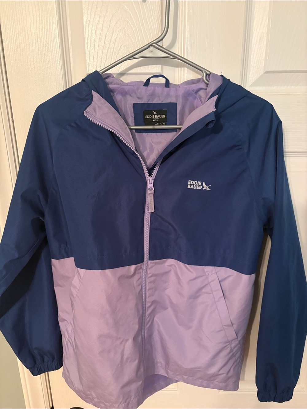 Eddie Bauer Navy and Lavender Colorblock Hooded Windbreaker